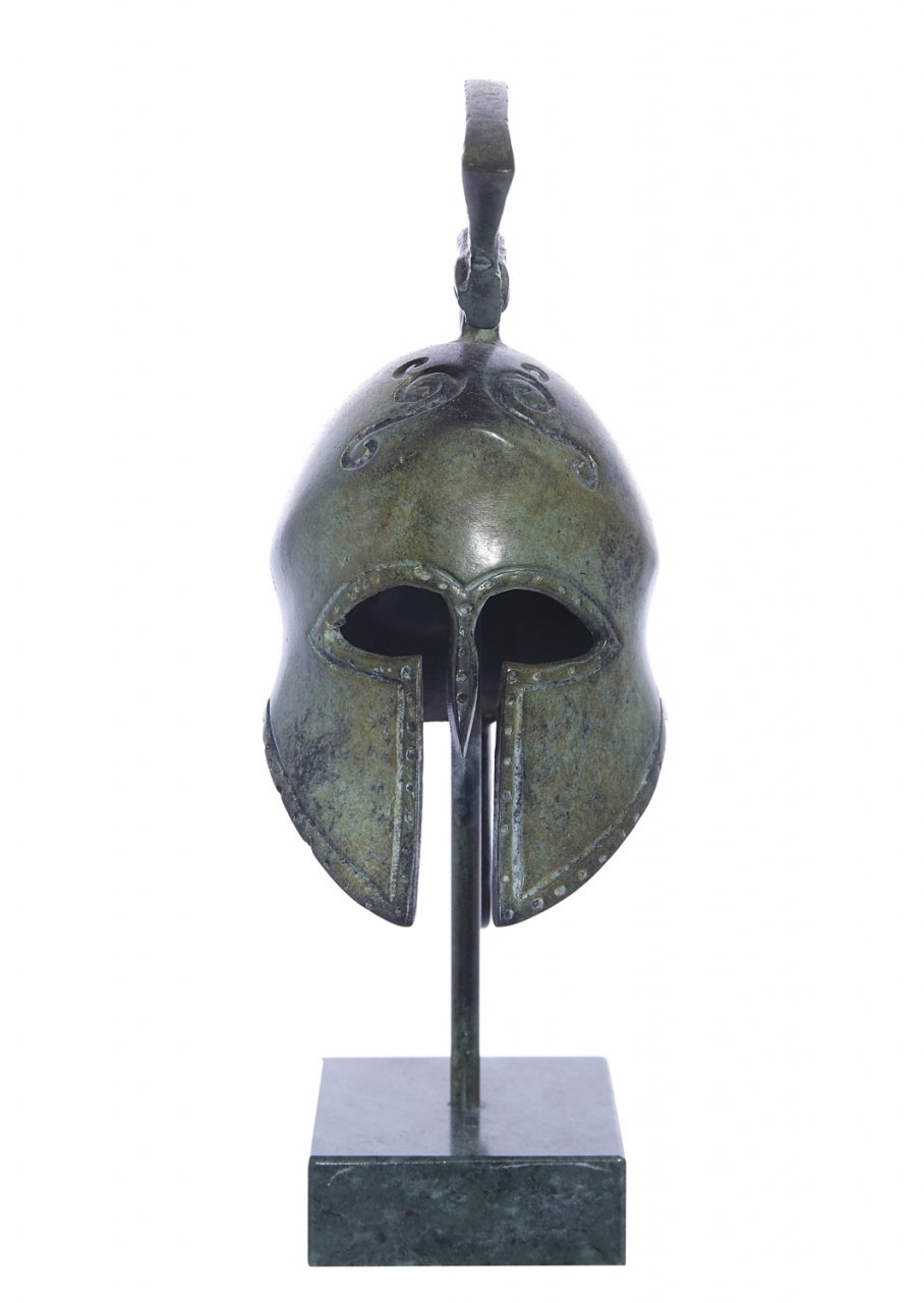 Spartan helmet with engraved snake greek bronze statue on marble base