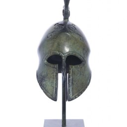 Spartan helmet with engraved snake greek bronze statue on marble base 2