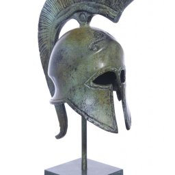 Spartan helmet with engraved snake greek bronze statue on marble base